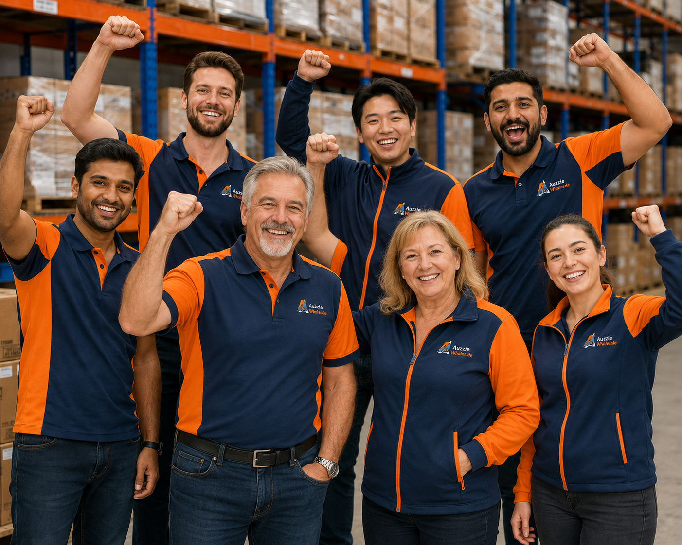 The Auzzie Wholesale warehouse team in hi-vis vests