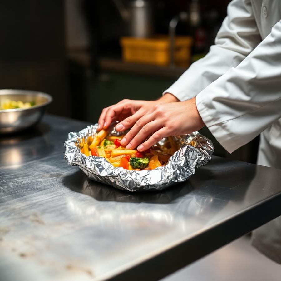 Chef wrapping hot food in aluminium foil