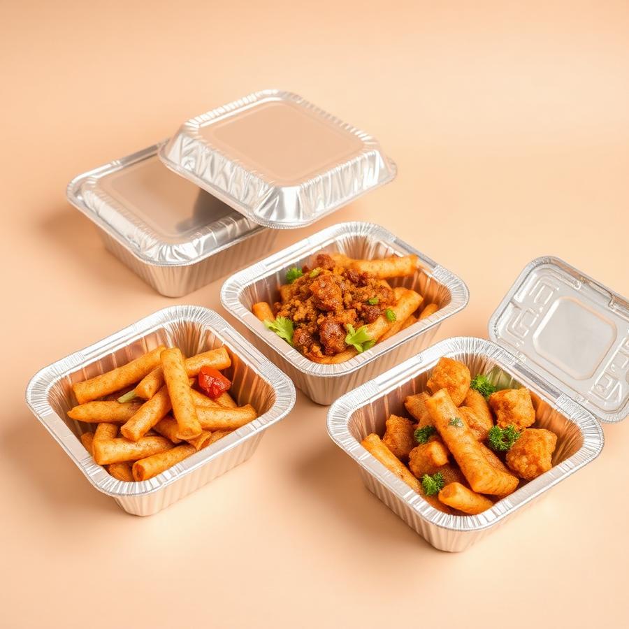Aluminium foil takeaway containers filled with food